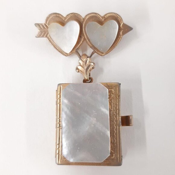 Vintage Mother Of Pearl Photo Locket Brooch Gold Plated